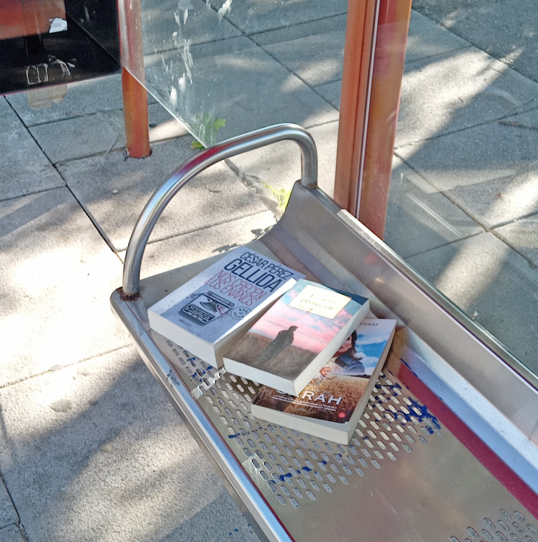 Libros en una parada de autobús de Paracuellos de Jarama
