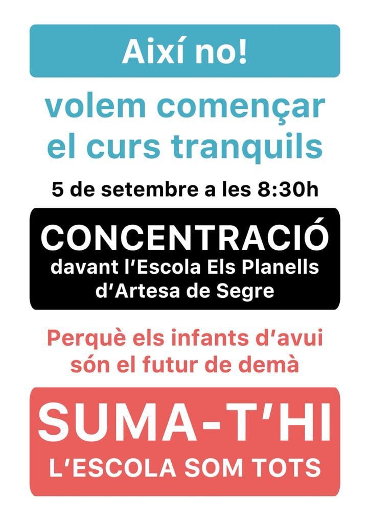 Cartell de la convocatòria de protesta de famílies d&#039;Artesa de Segre per dilluns vinent, 5 de setembre.