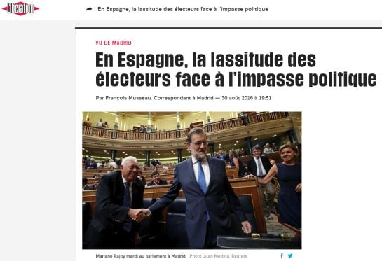 El diario Libération habla de la situación política en España a través del titular &quot;En España, la fatiga de los votantes frente a un estancamiento político&quot;