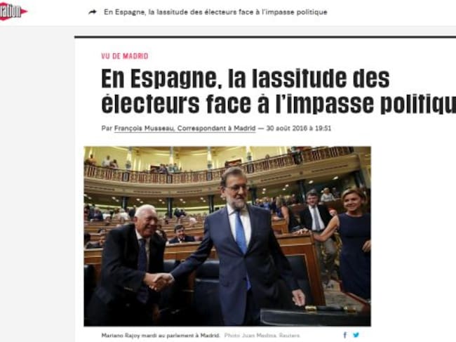 El diario Libération habla de la situación política en España a través del titular "En España, la fatiga de los votantes frente a un estancamiento político"