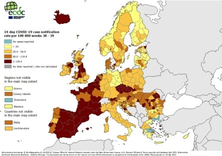 Mapa de la IA en Europa del ECDC.