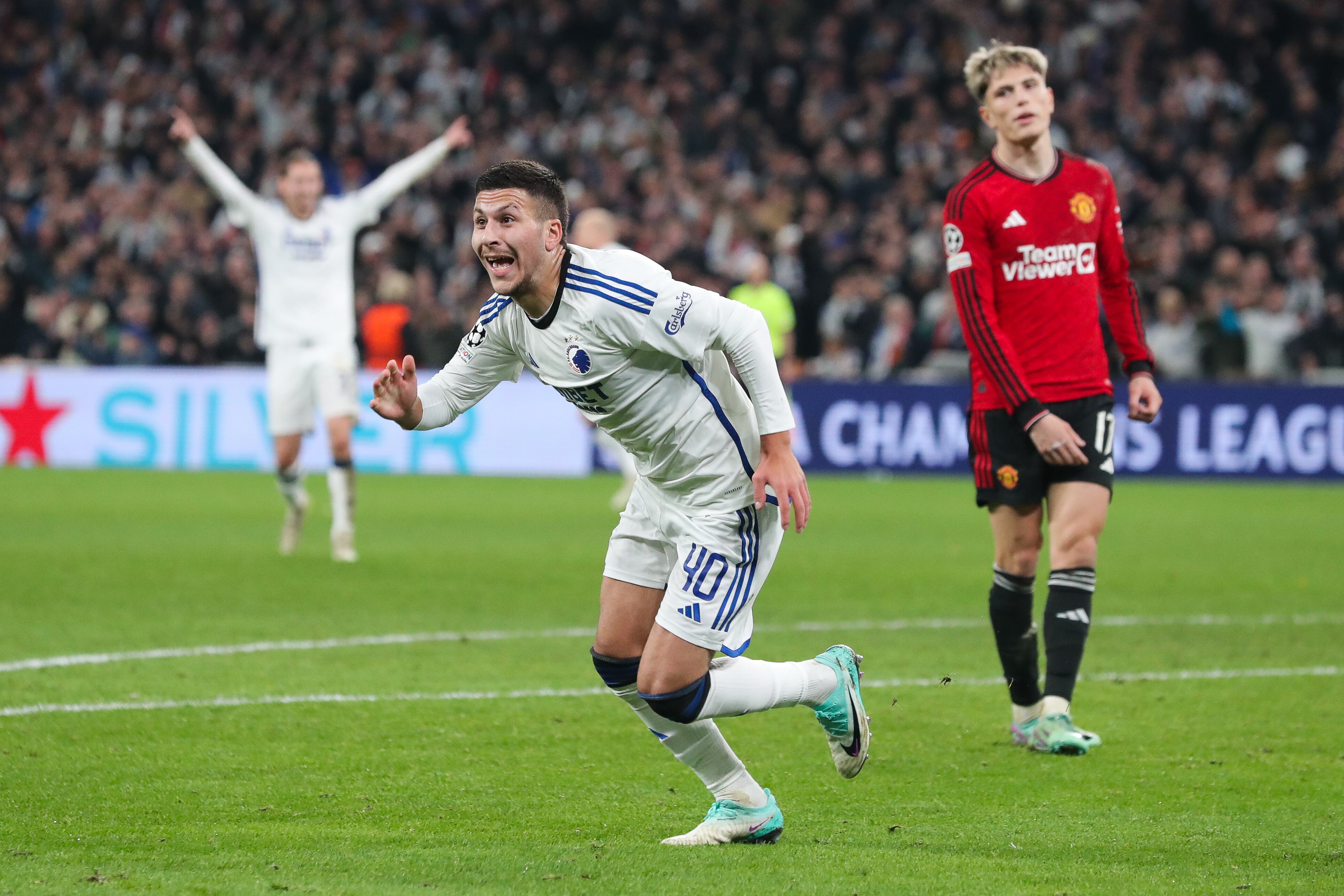 COPENHAGEN, DENMARK - NOVEMBER 08: Roony Bardghji of FC Copenhagen celebrates after scoring his side's fourth goal during the UEFA Champions League match between F.C. Copenhagen and Manchester United at Parken Stadium on November 08, 2023 in Copenhagen, Denmark. (Photo by James Gill - Danehouse/Getty Images)
