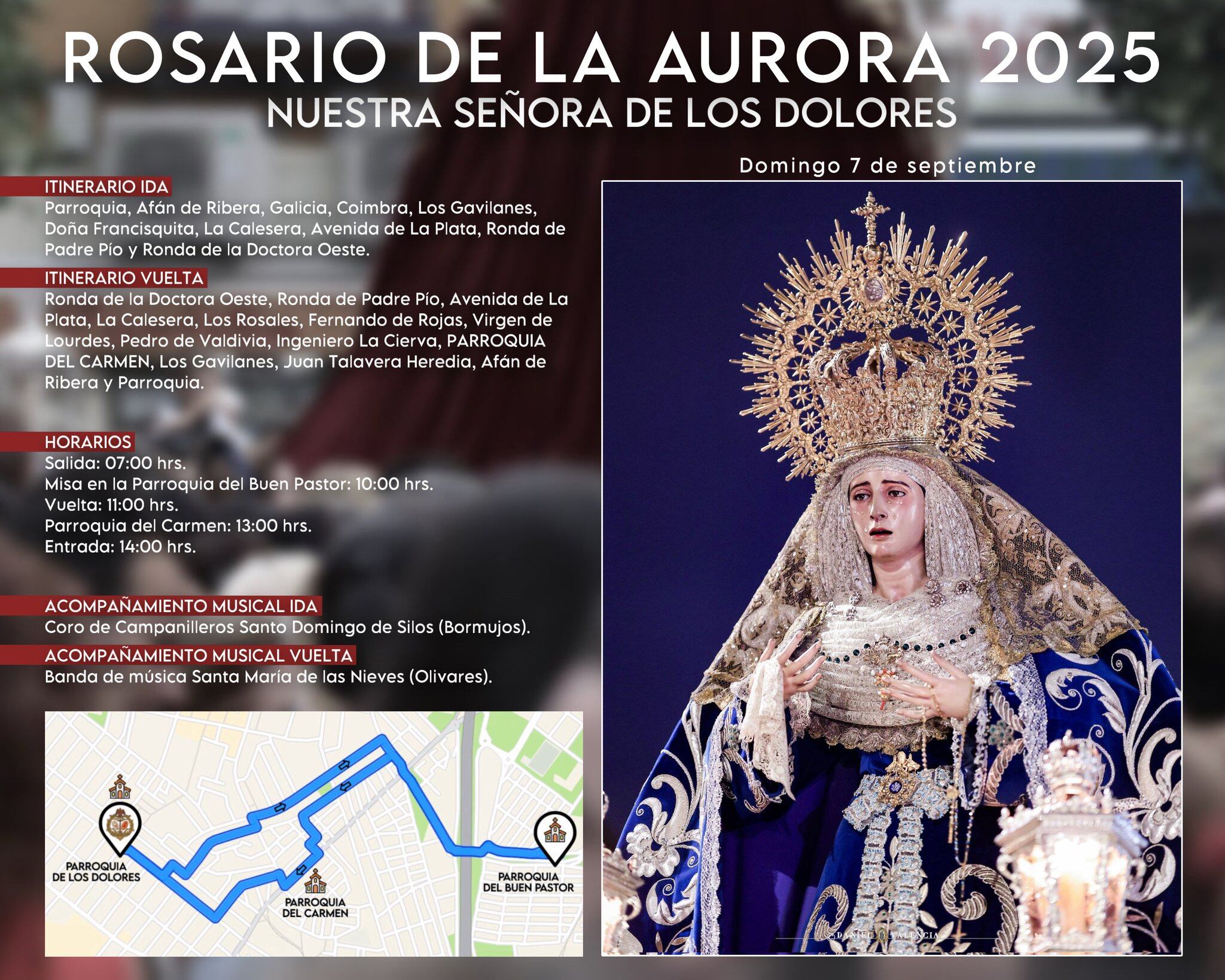 Cartel del Rosario de la Aurora que llevará este domingo a la Virgen de los Dolores del Cerro del Águila hasta la Parroquia de Padre Pío