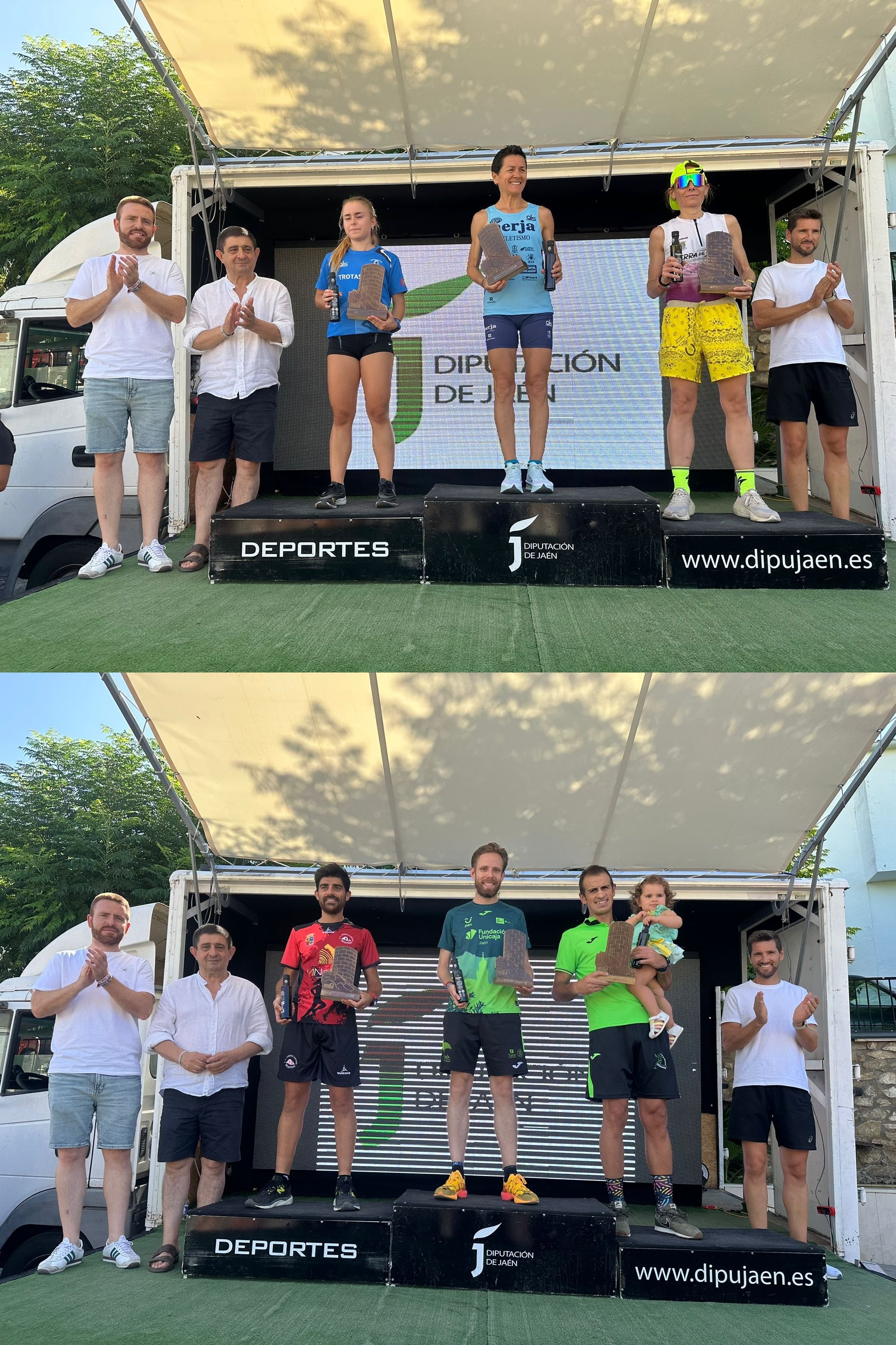 Podios masculino y femenino de la XXI Carrera Urbana de Sierra Mágina &#039;Villa de Bedmar&#039;.