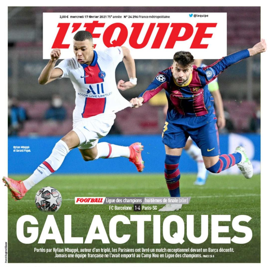 La portada de &#039;L&#039;Equipe&#039; tras la victoria del PSG en el Camp Nou.