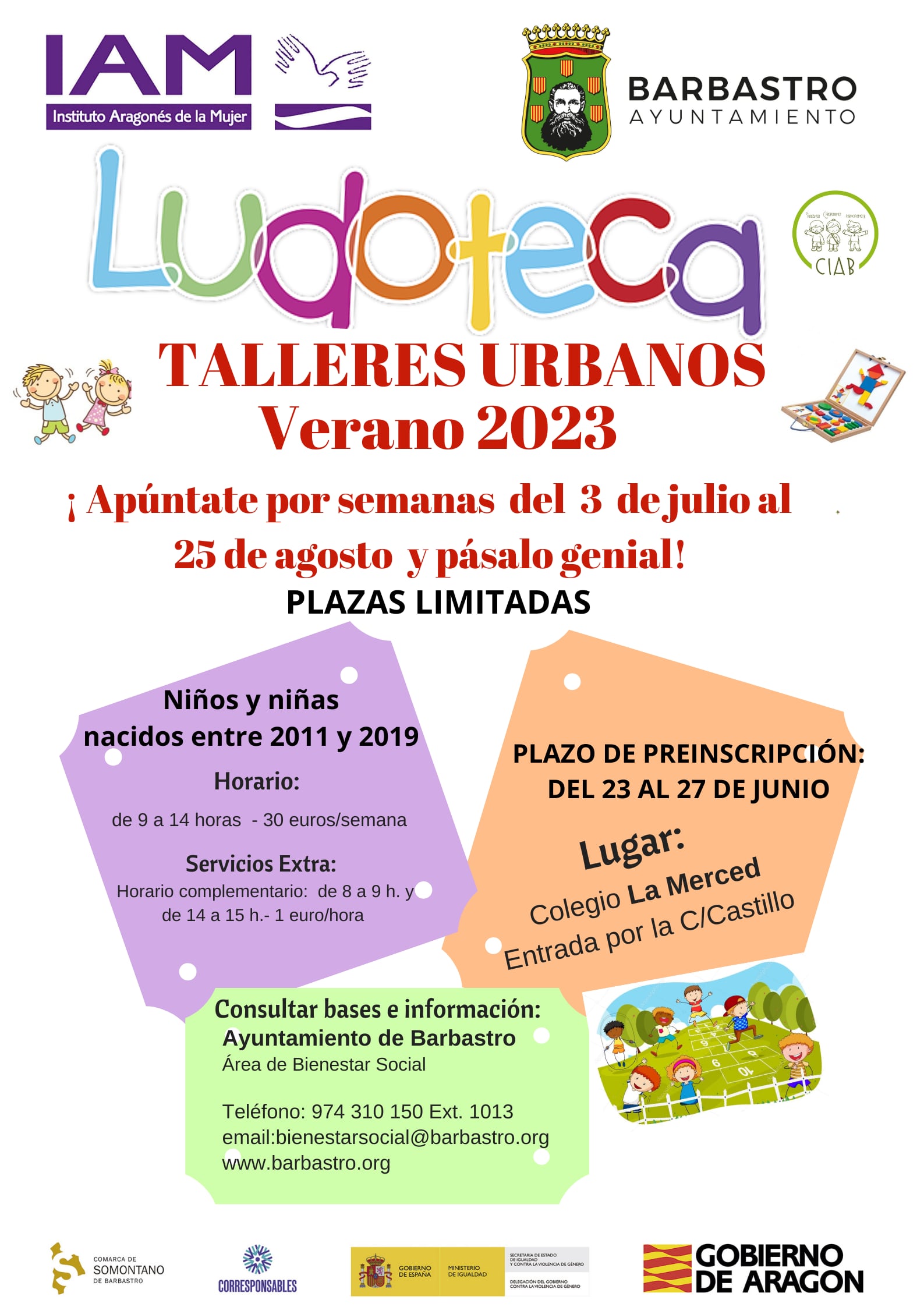 Abierto desde hoy el plazo de preinscripción para el programa Ludoteca-Talleres Urbanos Verano 2023 en Barbastro