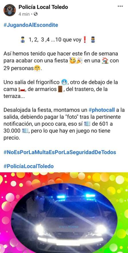 Publicación del Facebook de la Policía local