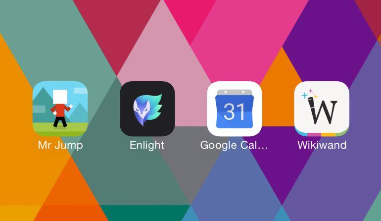 Las aplicaciones ‘Mr Jump’, ‘Enlight’, ‘Google Calendar’ y ‘Wikiwand’ en un teléfono iPhone