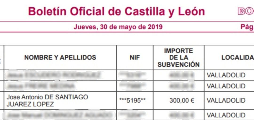 Extracto del Boletín Oficial en el que consta la ayuda solicitada por De Santiago-Juárez