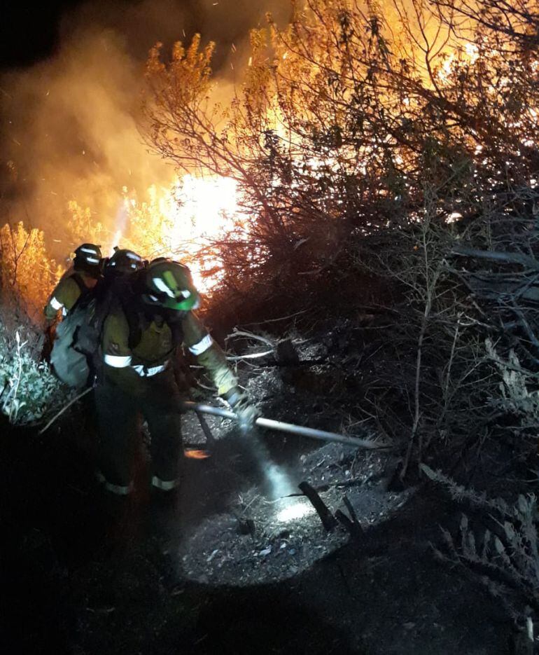 Efectivos del INFOCA trabajando anoche en el incendio entre Casares y Estepona