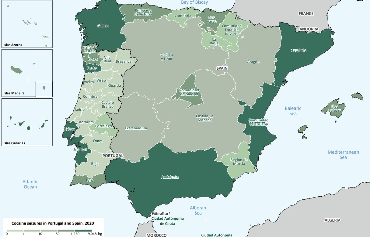 Cantidades de cocaína localizadas en España y Portugal en 2020