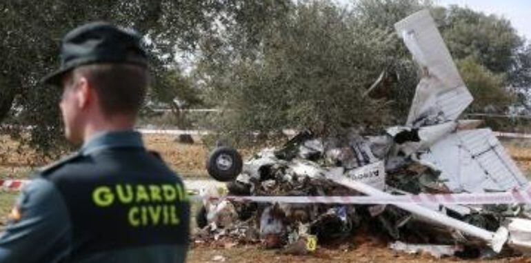 Un guardia civil junto a la avioneta siniestrada