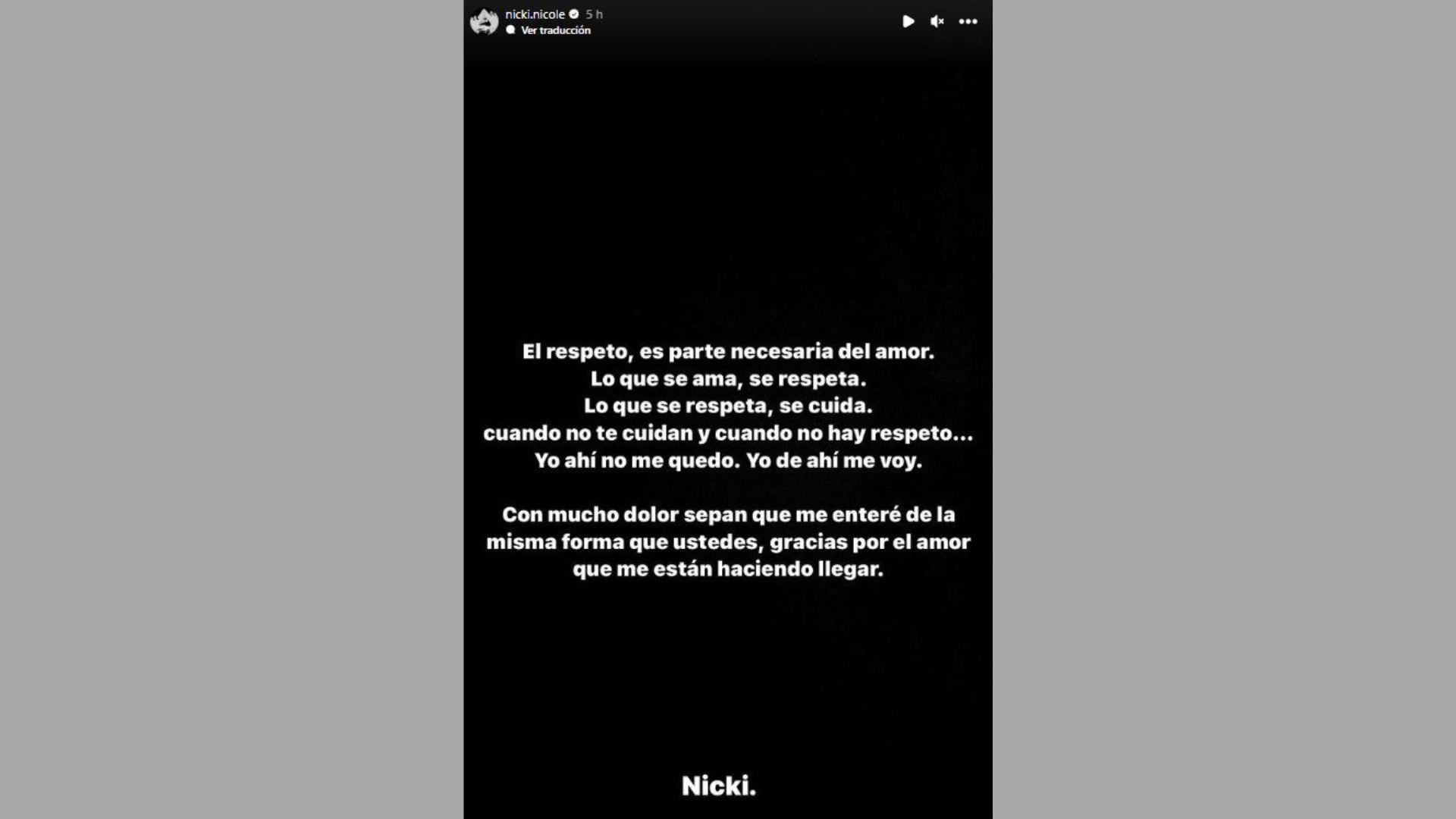 Mensaje de Nicki Nicole en su cuenta de Instagram.