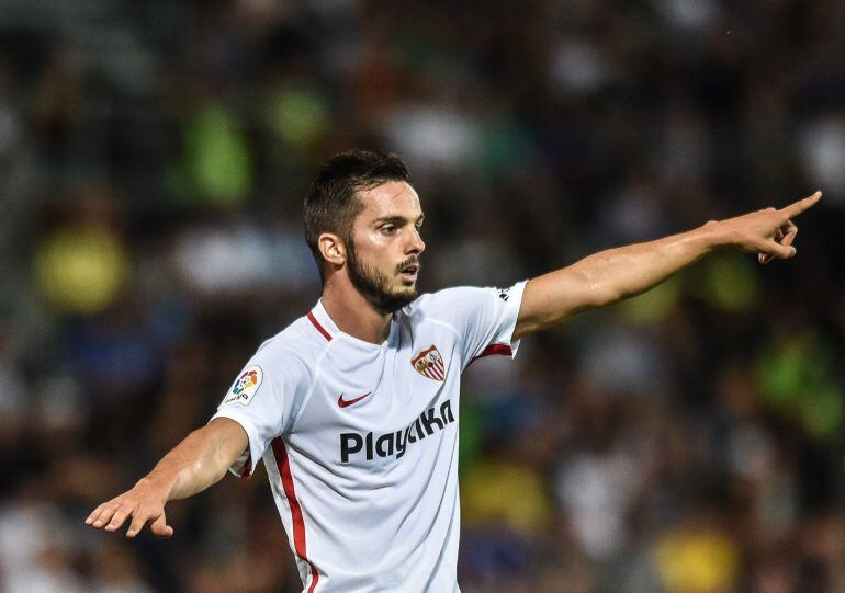 El jugador del Sevilla Pablo Sarabia celebra un gol durante el partido de ida contra el SK Sigma Olomouc en la fase de clasificación de la Liga Europa que se celebra en Olomouc (República Checa) hoy, 23 de agosto de 2018. 