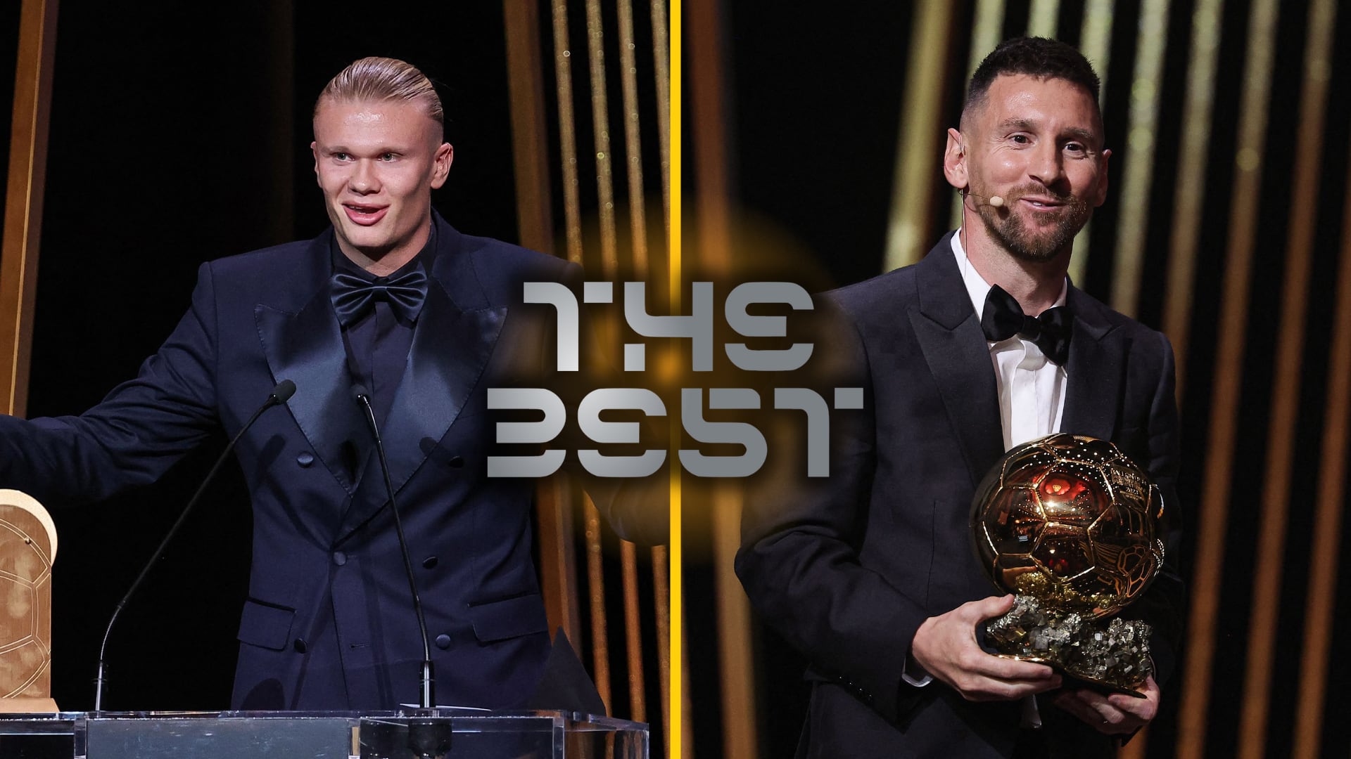 En un montaje, Erling Haaland y Leo Messi, durante la última gala del Balón de Oro, junto al logo de &#039;The Best&#039;