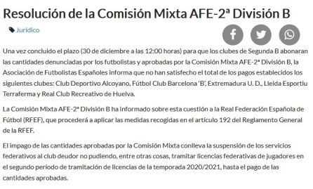 Informe de la AFE en el que expone la relación de clubes deudores a 30 de diciembre que quedan exentos de servicios federativos.