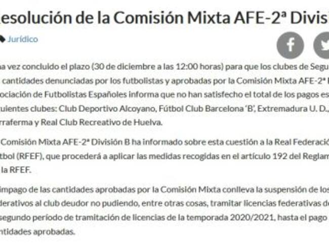 Informe de la AFE en el que expone la relación de clubes deudores a 30 de diciembre que quedan exentos de servicios federativos.