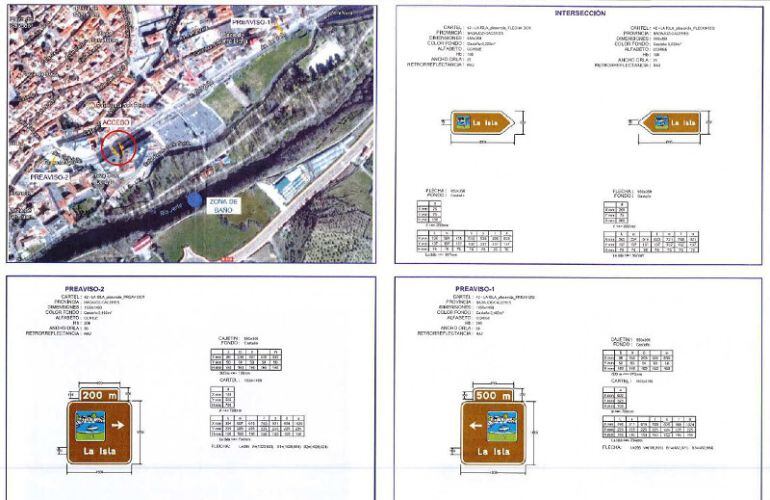 Hoja del pliego técnico donde pueden verse algunos de los modelos de señales a instalar y su ubicación en las proximidades de las zonas de baño