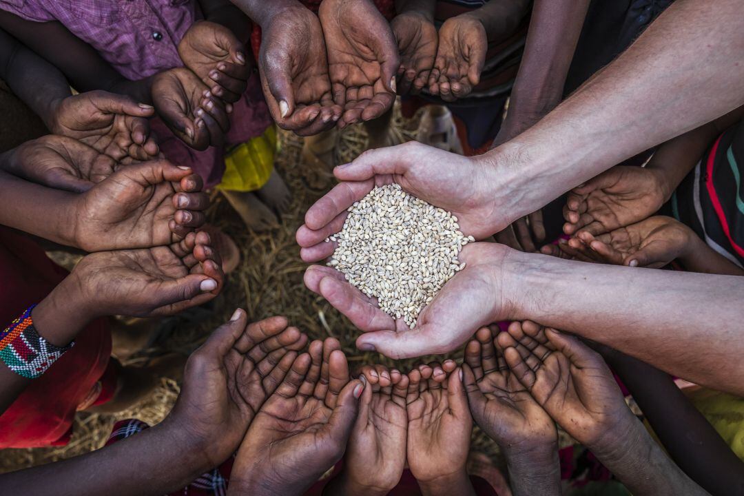 Un voluntario da granos de arroz a niños en Kenia