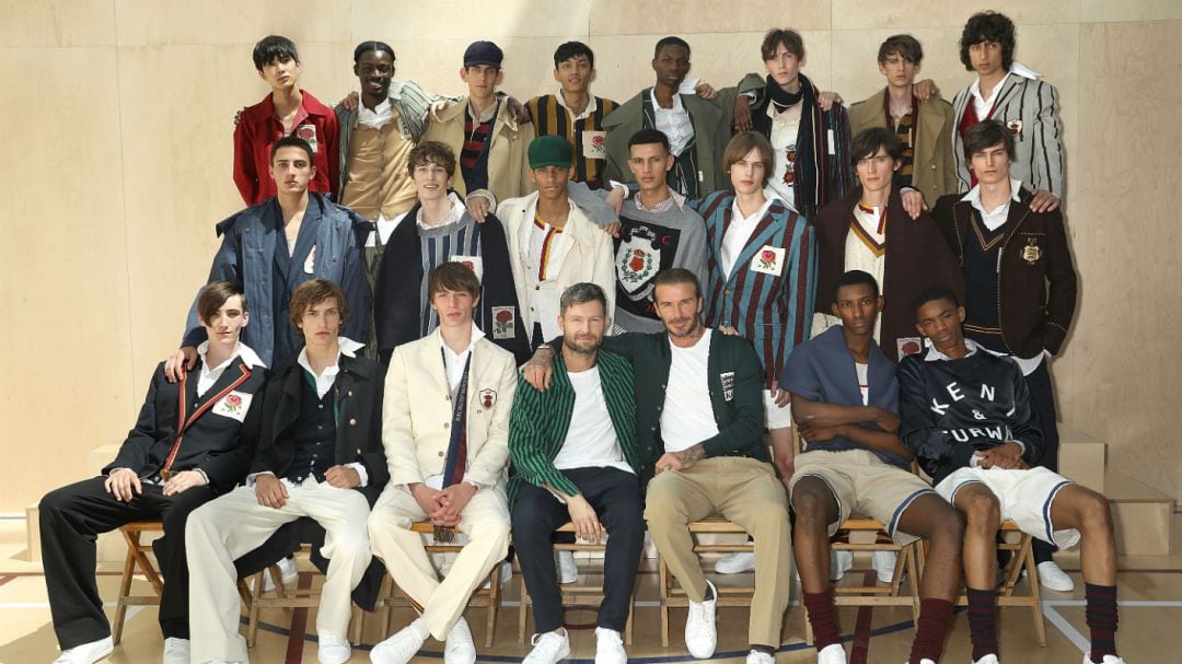 Daniel Kearns y David Beckham junto a los modelos de la colección Kent & Curwen