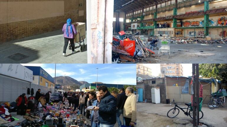 Arriba, mujer recogiendo chatarra e interior de las naves de Macosa en 2007. Abajo, parada de gitanos rumanos en el rastro de Corbera y chabola  a una casa ocupada en 2013.