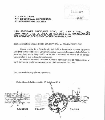 Escrito remitido por las centrales sindicales.