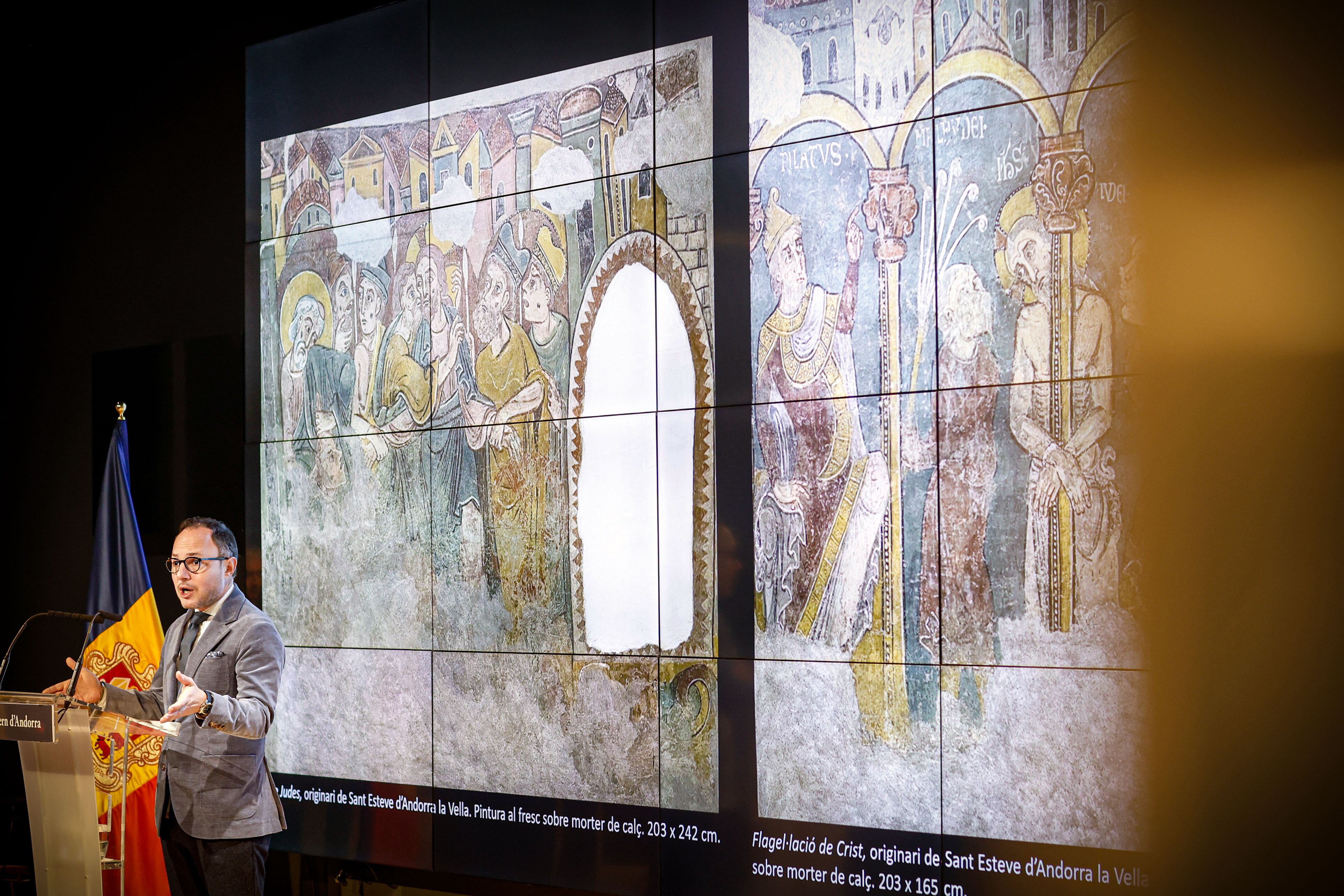 El cap de Govern, Xavier Espot, durant la presentació a la premsa de les Pintures murals de Sant Esteve d'Andorra la Vella