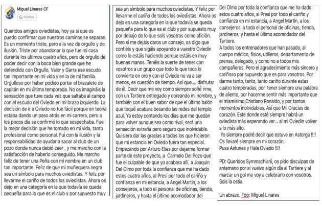 Carta de despedida de Miguel Linares.