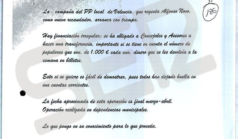 Nota anónima que dio origen a la investigación de la presunta financiación ilegal del PP de Valencia.