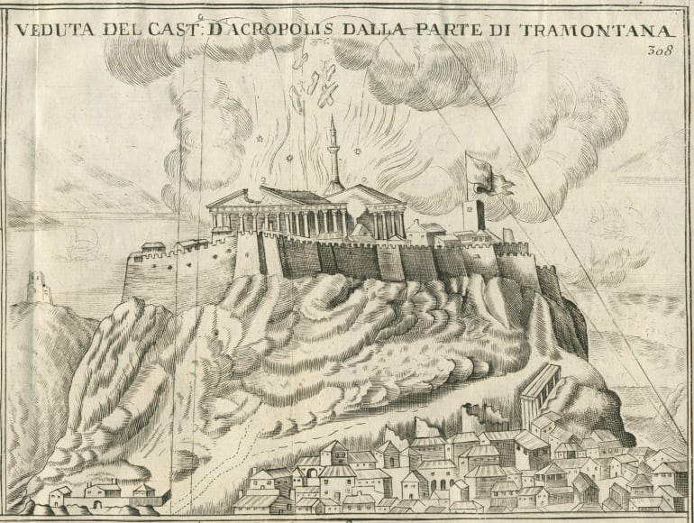 Destrucción del Partenón por las bombas venecianas sobre la Acrópolis ateniense. Ilustración de “Atene attica”. 