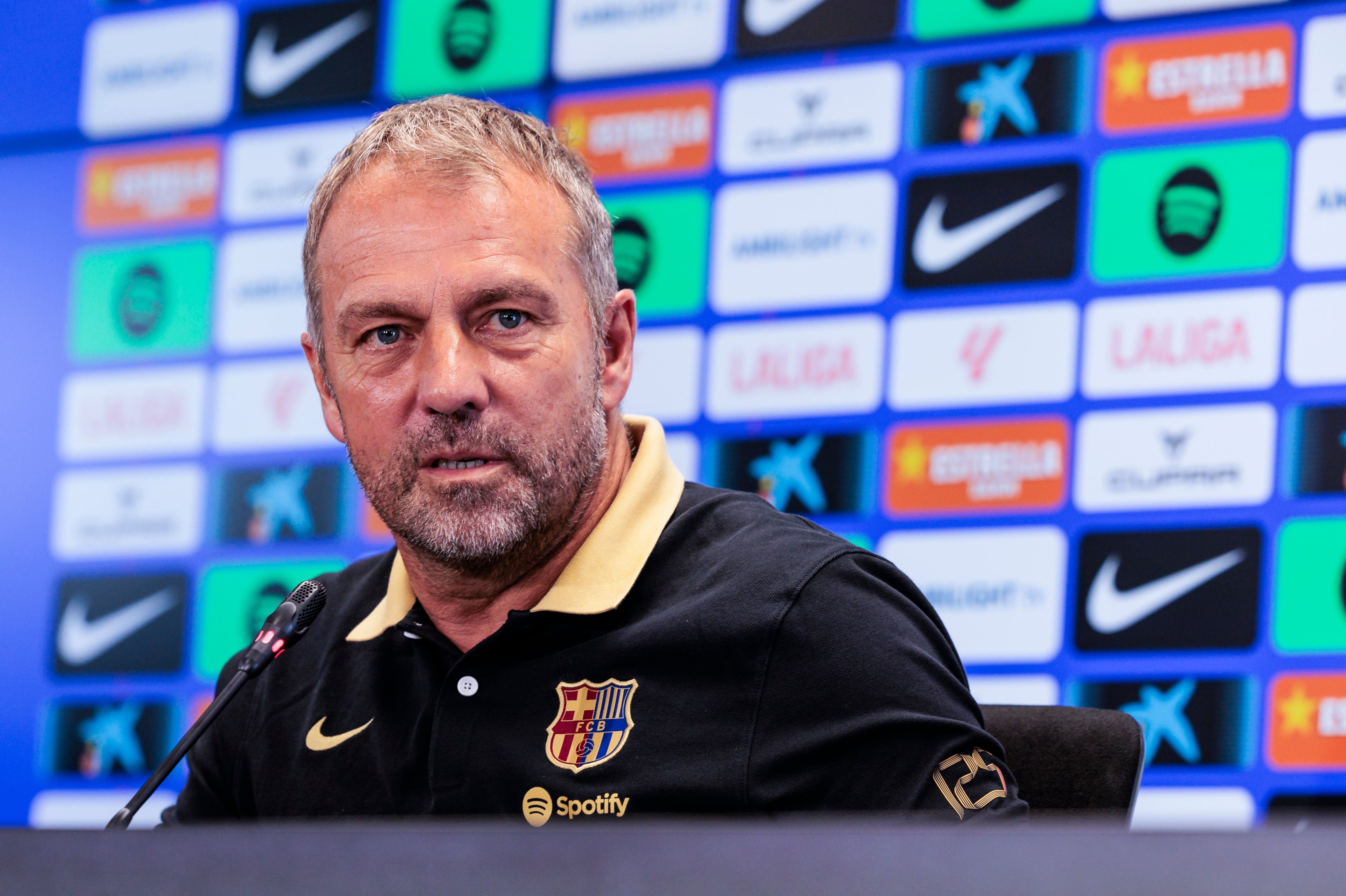 SANT JOAN DESPI, SPAIN - AUGUST 26: Hansi Flick, head coach of FC Barcelona, attends his press conference ahead the Spanish League, La Liga EA Sports, football match against Rayo Vallecano at Ciudad Esportiva Joan Gamper on August 26, 2024 in Sant Joan Despi, Barcelona, Spain. (Photo By Javier Borrego/Europa Press via Getty Images)