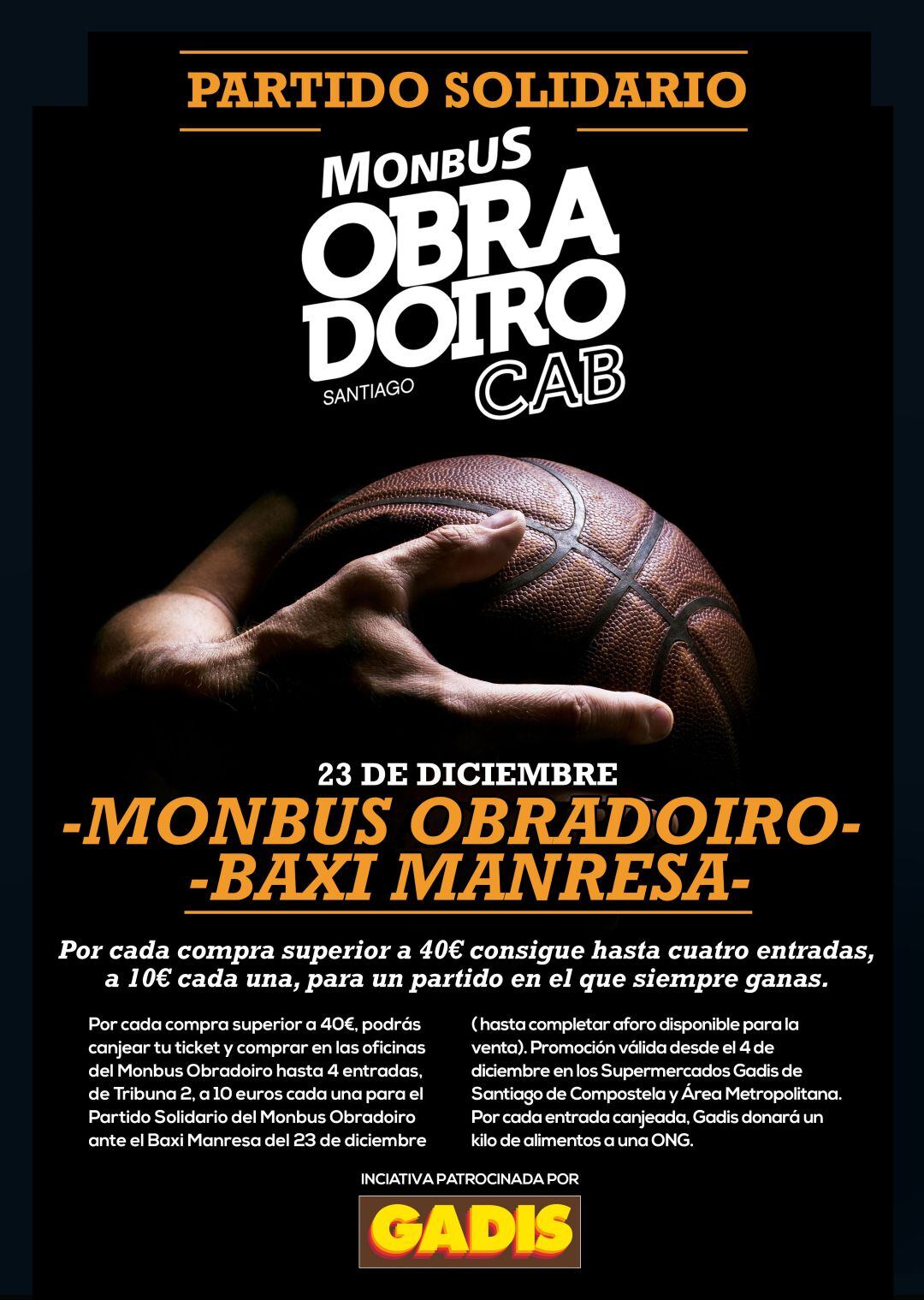 Cartel promocional del partido solidario del próximo domingo entre Obradoiro y Manresa