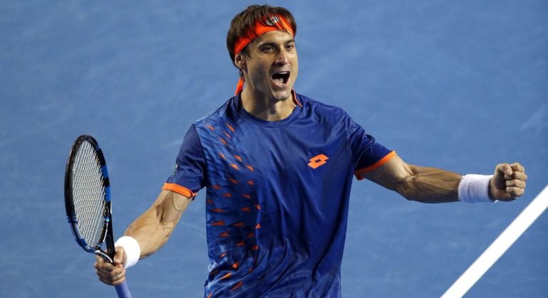 El español David Ferrer celebra su pase a cuartos de final tras imponerse a John Isner.