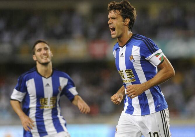 Xabi Prieto celebra su gol al Krasnodar ruso en Anoeta.