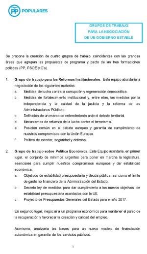 Grupos de trabajo propuestos por el PP para negociar con PSOE y Ciudadanos (1/2).