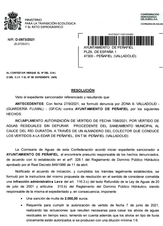 El documento de la CHD en el que se comunica la sanción al Ayuntamiento de Peñafiel