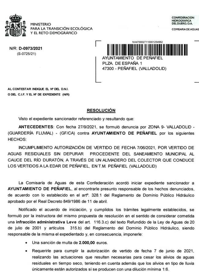 El documento de la CHD en el que se comunica la sanción al Ayuntamiento de Peñafiel