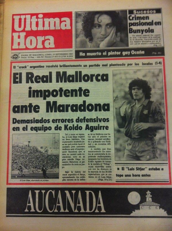 El diario &#039;Última Hora&#039; resalta en su titular el gran partido de Maradona en el Sitjar.