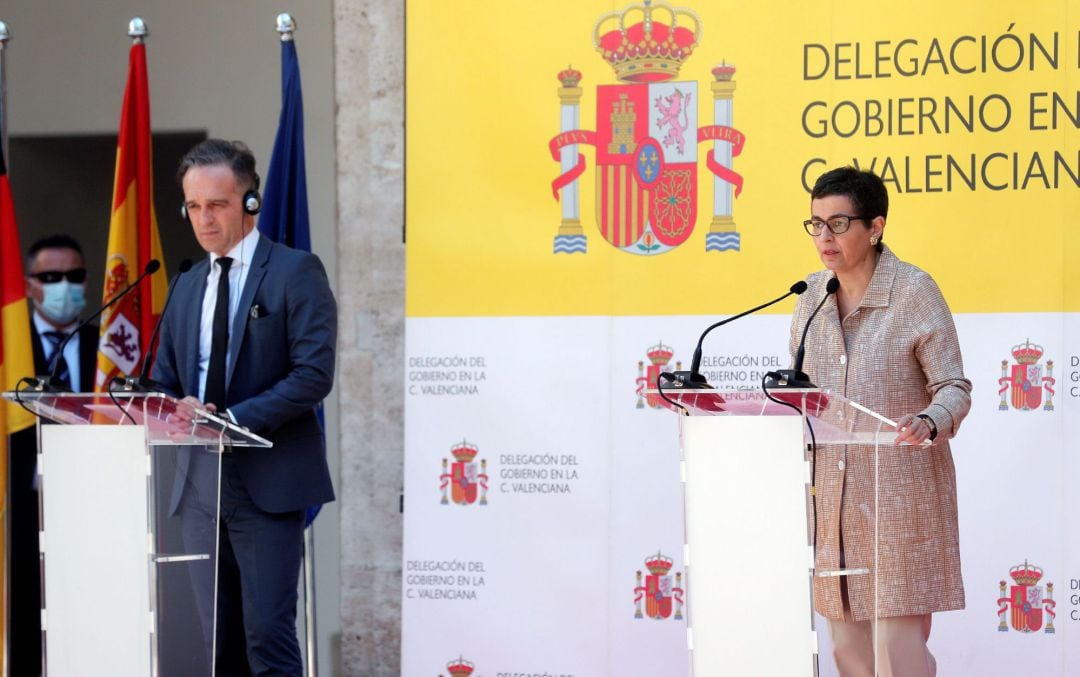 La ministra de Asuntos Exteriores, Arancha González Laya, y su homólogo alemán, Heiko Maas, durante la rueda de prensa posterior al encuentro mantenido este martes en València