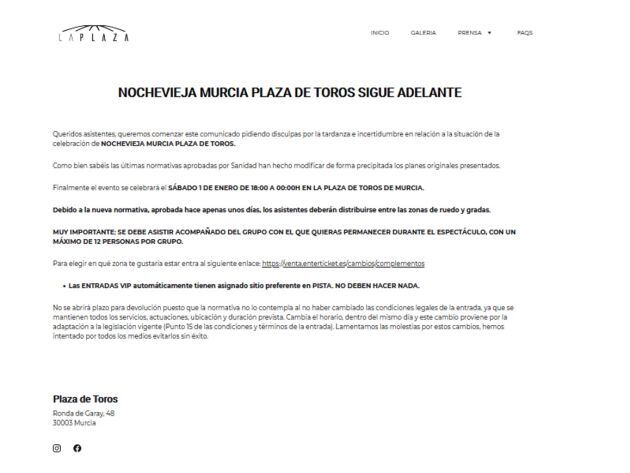 Comunicado de la promotora de la fiesta de Nochevieja en la Plaza de Toros de Murcia