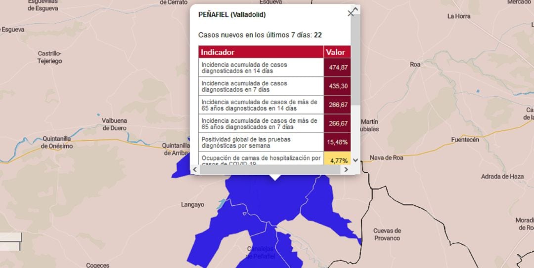 El mapa del Servicio de Epidemilogía de la Junta refleja el alza de casos en Peñafiel en la última semana.