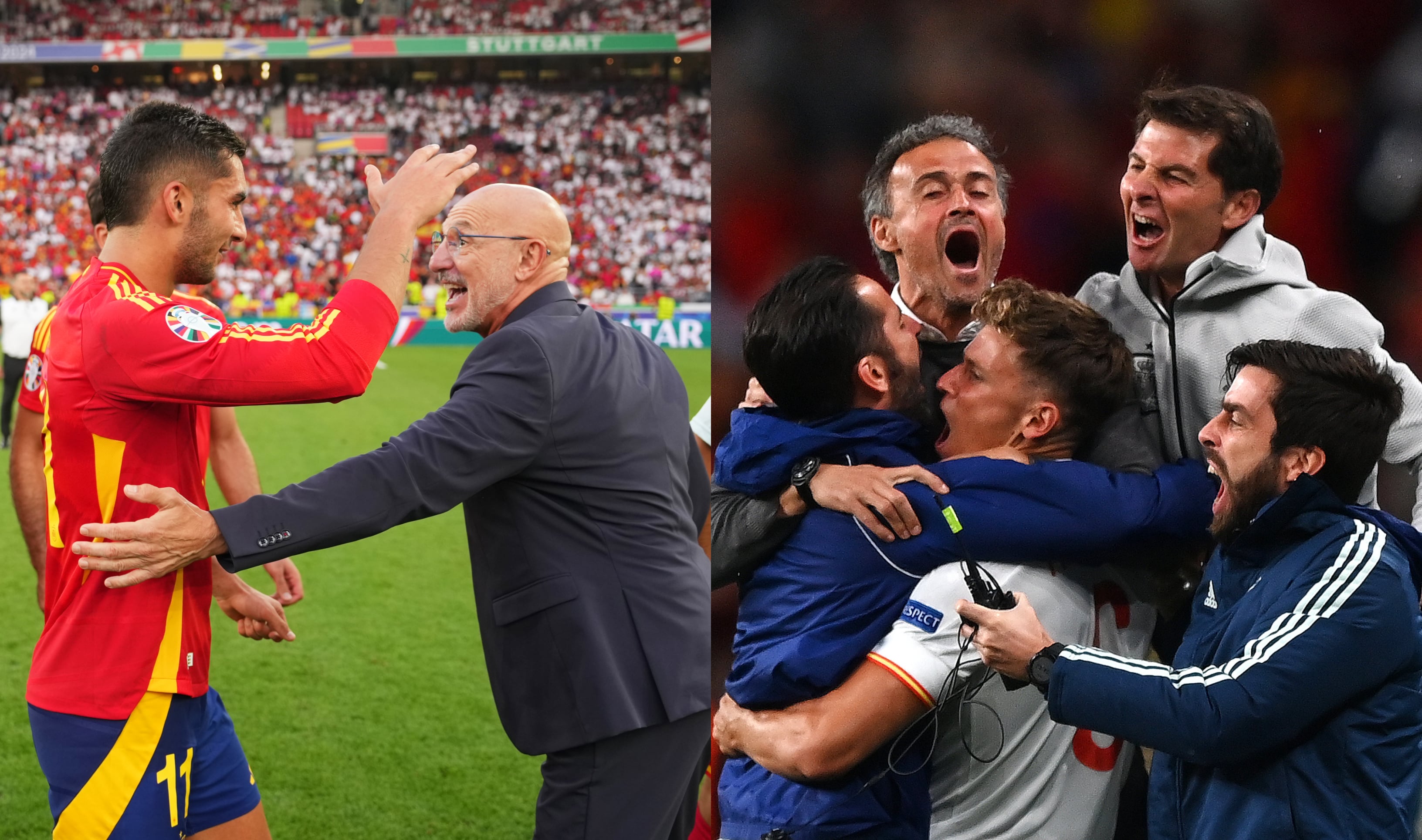 Luis de la Fuente saluda a Ferran Torres tras vencer a Alemania; Luis Enrique celebra el gol de Álvaro Morata en la semifinal de la Eurocopa 2020 ante Italia