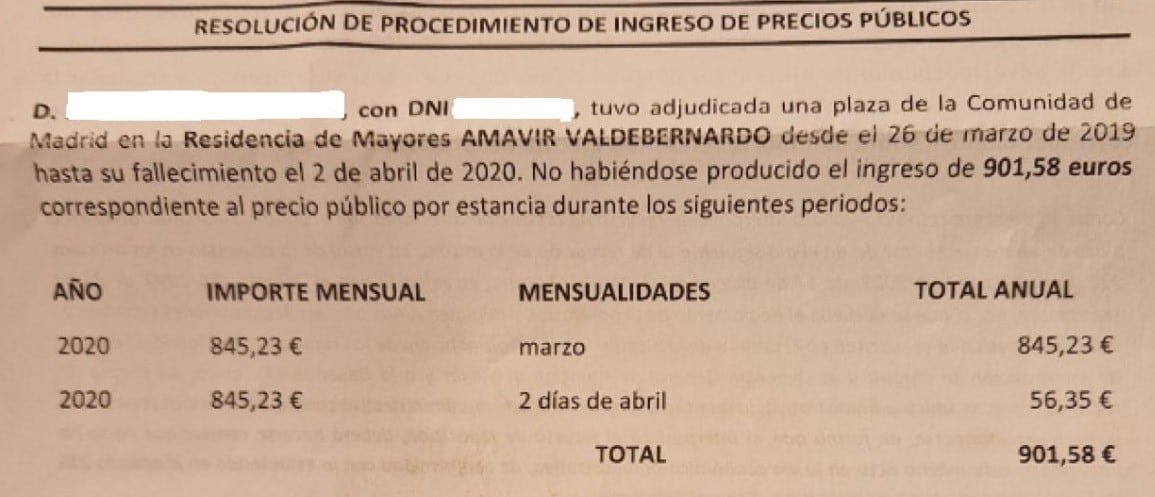 Carta que ha recibido Ángela Armingol de la Comunidad de Madrid con la reclamación del dinero de la residencia en la que falleció su padre.