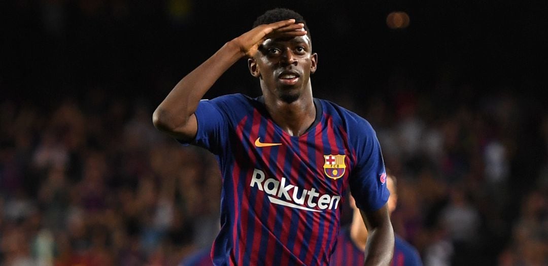 Dembélé celebra un gol con el Barcelona