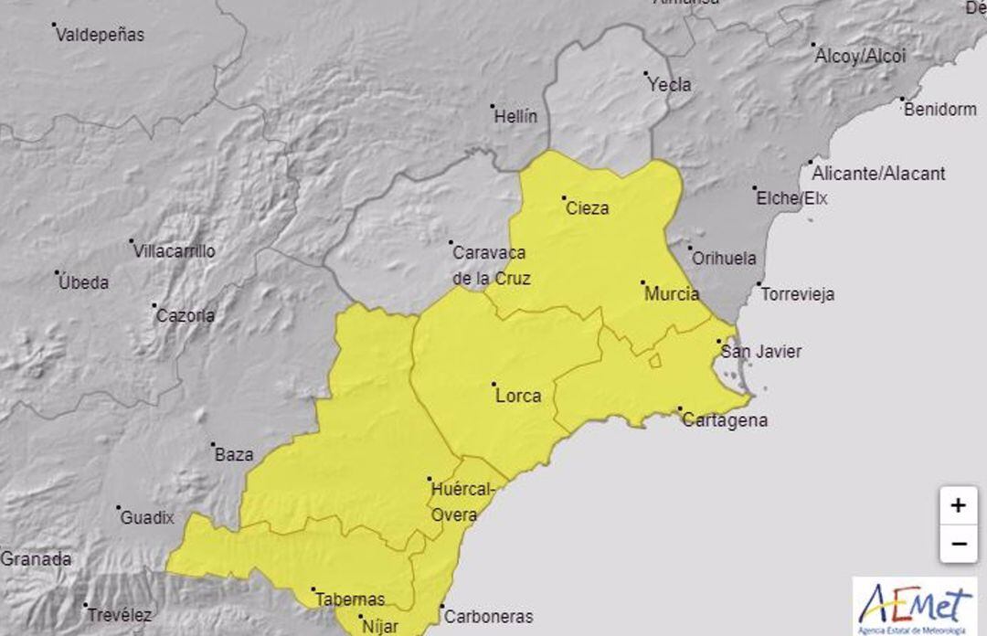 Imagen de las zonas en las que está activo el aviso amarillo por lluvias