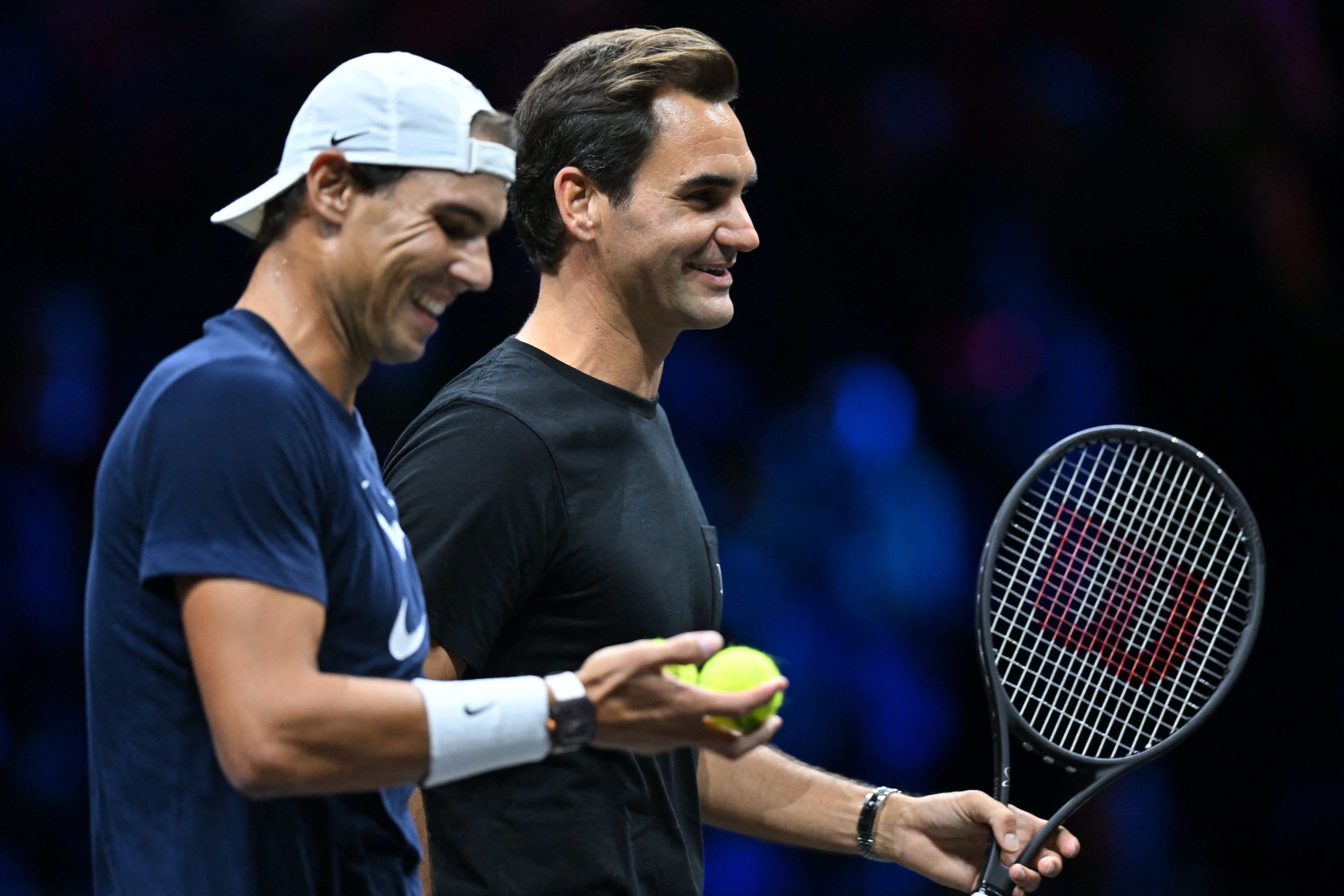 Roger Federer y Rafael Nadal en el entrenamiento previo a la Laver Cup