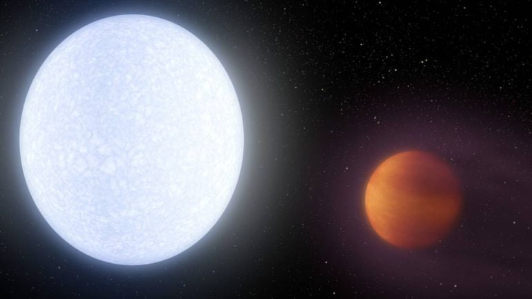 Reconstrucción del planeta más caliente descubierto hasta ahora en el Universo y que orbita alrededor de la estrella KELT-9, situada a 650 años luz de la Tierra. 