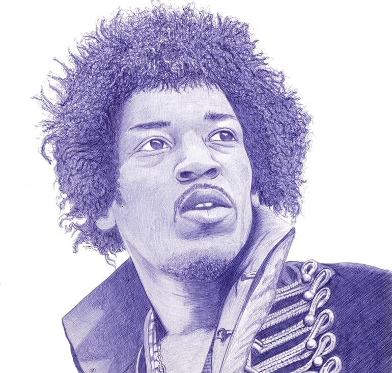 Ilustración de Jimi Hendrix realizada a bolígrafo 