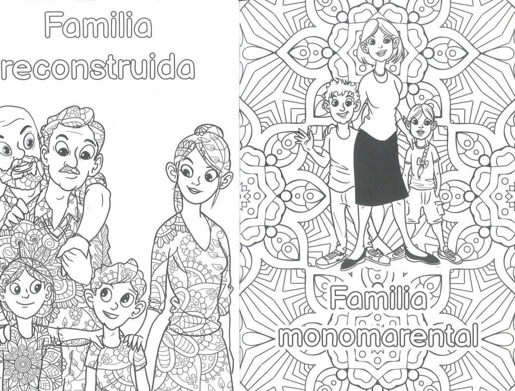 Imagen de los dibujos para colorear que se describen en el cuadernillo para ilustrar la diversidad de familias