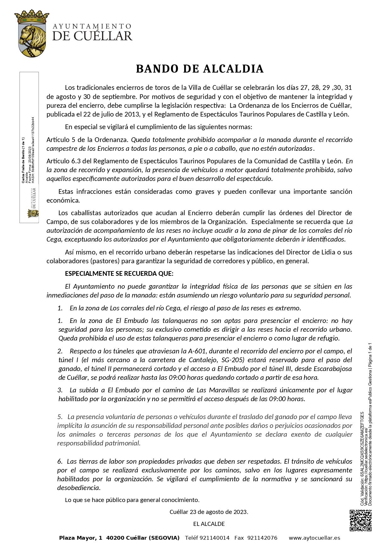 Bando de Alcaldía sobre los Encierros de Cuéllar 2023